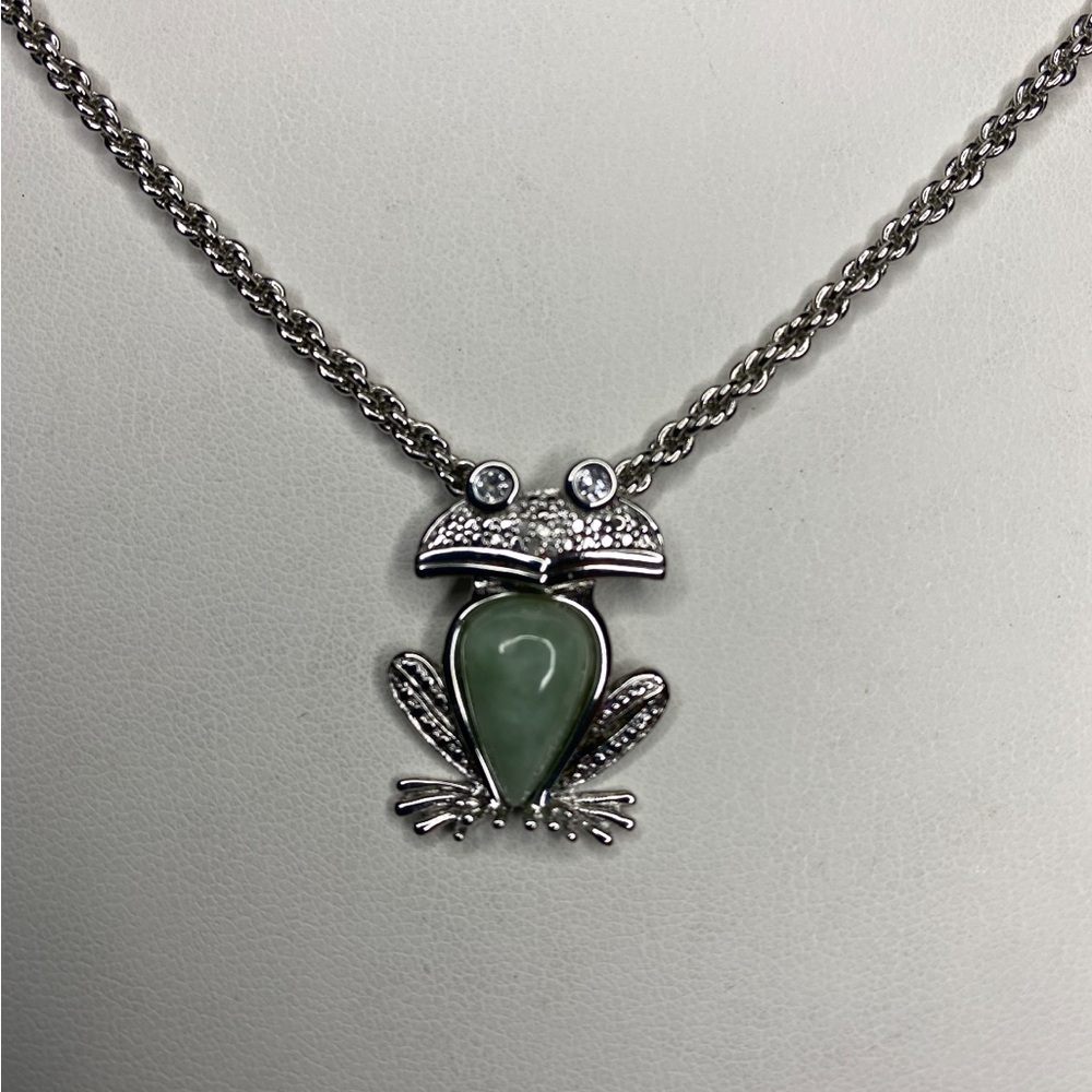 Silver Frog Pendant Necklace with Green Gemstone